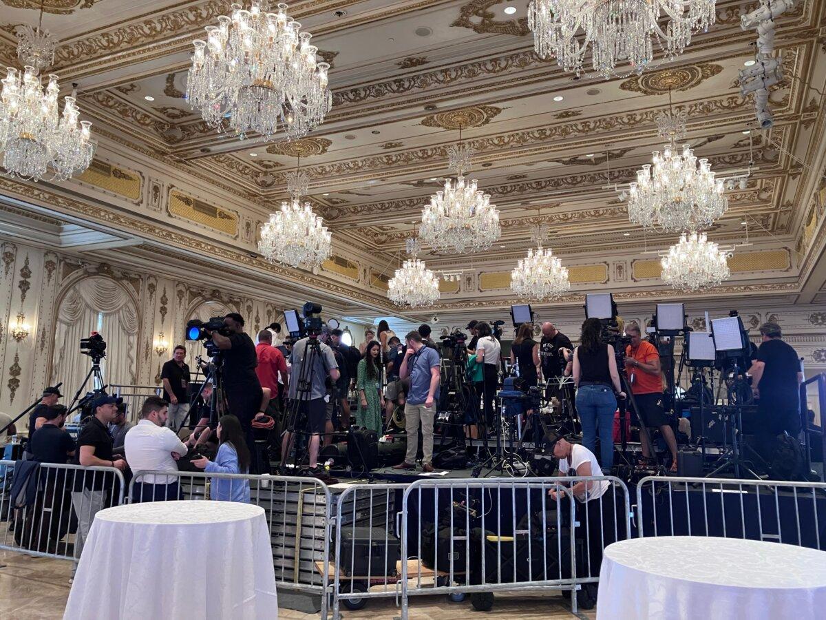 Media set up at the Grand Ballroom at Mar-a-Lago in West Palm Beach, Fla., on March 5, 2024. (Janice Hisle/The Epoch Times)