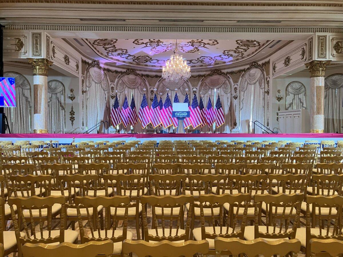 The stage is set at the Grand Ballroom in Mar-a-Lago ahead of former President Donald Trump's speech tonight on March 5, 2024. (Janice Hisle/The Epoch Times)