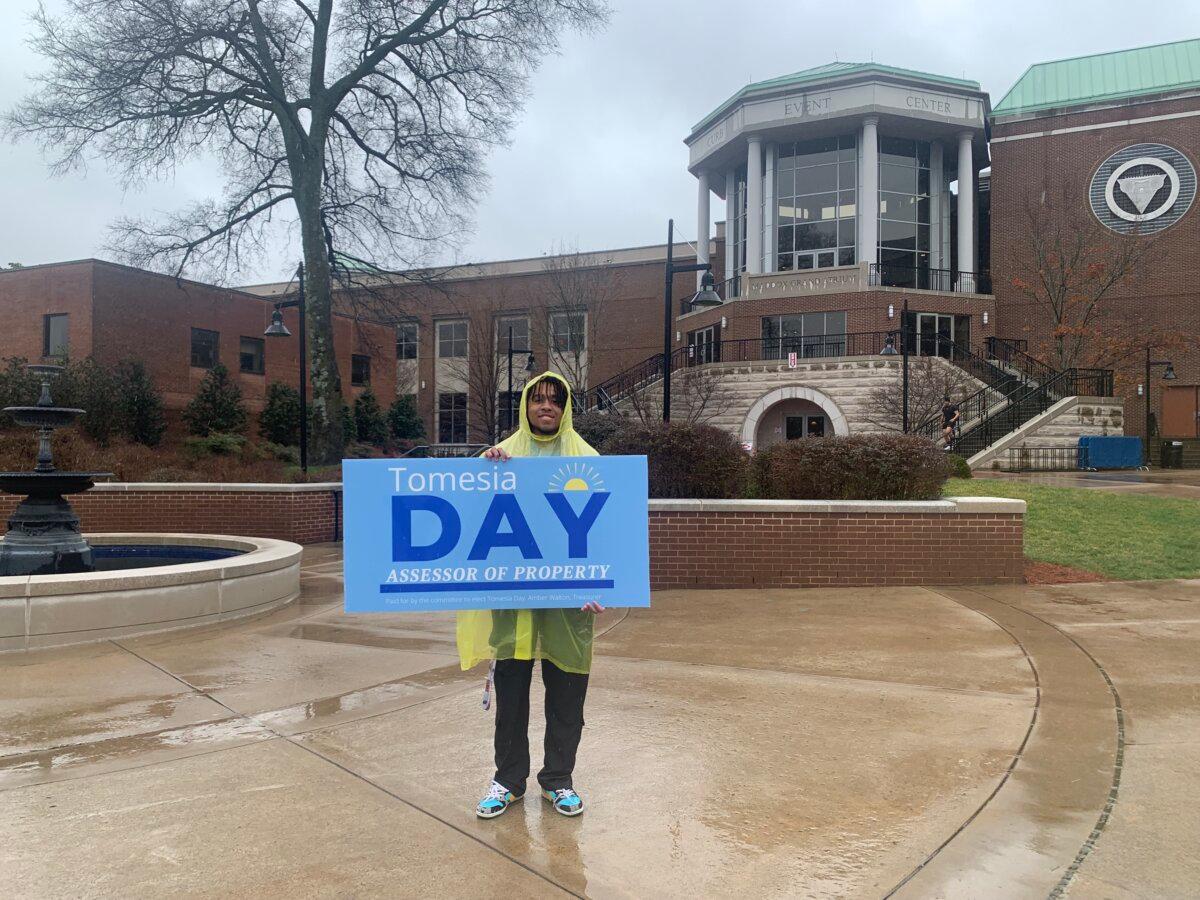 Belmont University Freshman Jared stands outside an on-campus polling station by himself on a rainy Super Tuesday in Nashville, Tenn. on March 5, 2024 (T.J. Muscaro/The Epoch Times).
