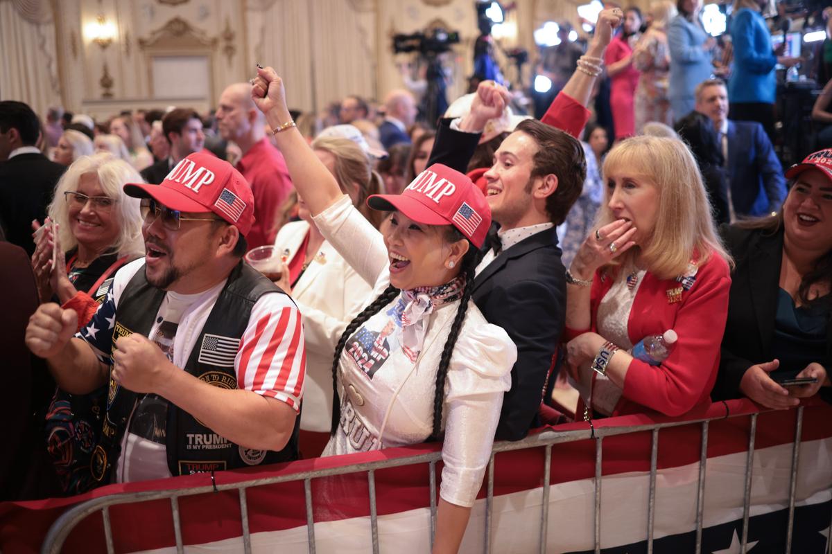 Guests watch results and await the arrival of Republican presidential candidate, former President Donald Trump at an election-night watch party at Mar-a-Lago on March 5, 2024, in Palm Beach, Fla. (Win McNamee/Getty Images)