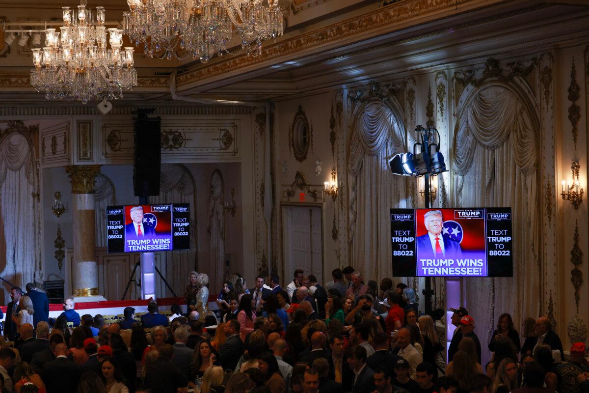 Guests watch results and await the arrival of Republican presidential candidate, former President Donald Trump at an election-night watch party at Mar-a-Lago on March 5, 2024 in Palm Beach, Florida. (Joe Raedle/Getty Images)