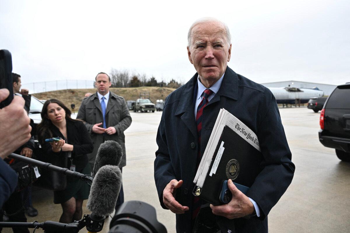 U.S. President Joe Biden speaks to reporters before boarding Air Force One at Hagerstown Regional Airport in Hagerstown, Md., on March 5, 2024. (Mandel Ngan/AFP via Getty Images)