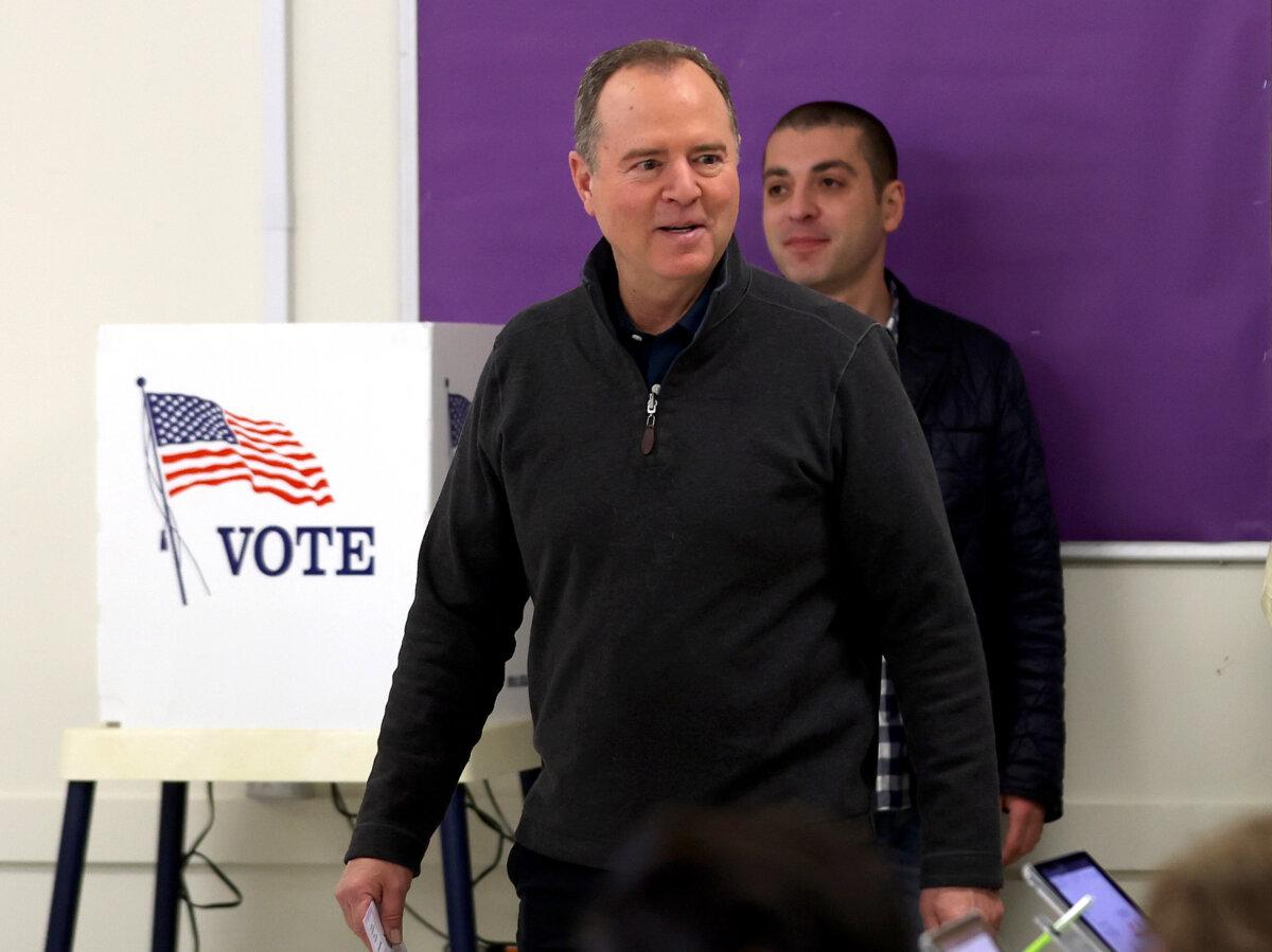 Democrat U.S. Senate candidate Rep. Adam Schiff (D-Calif.) arrives at a polling station to vote in Burbank, Calif., on March 5, 2024. (Justin Sullivan/Getty Images)