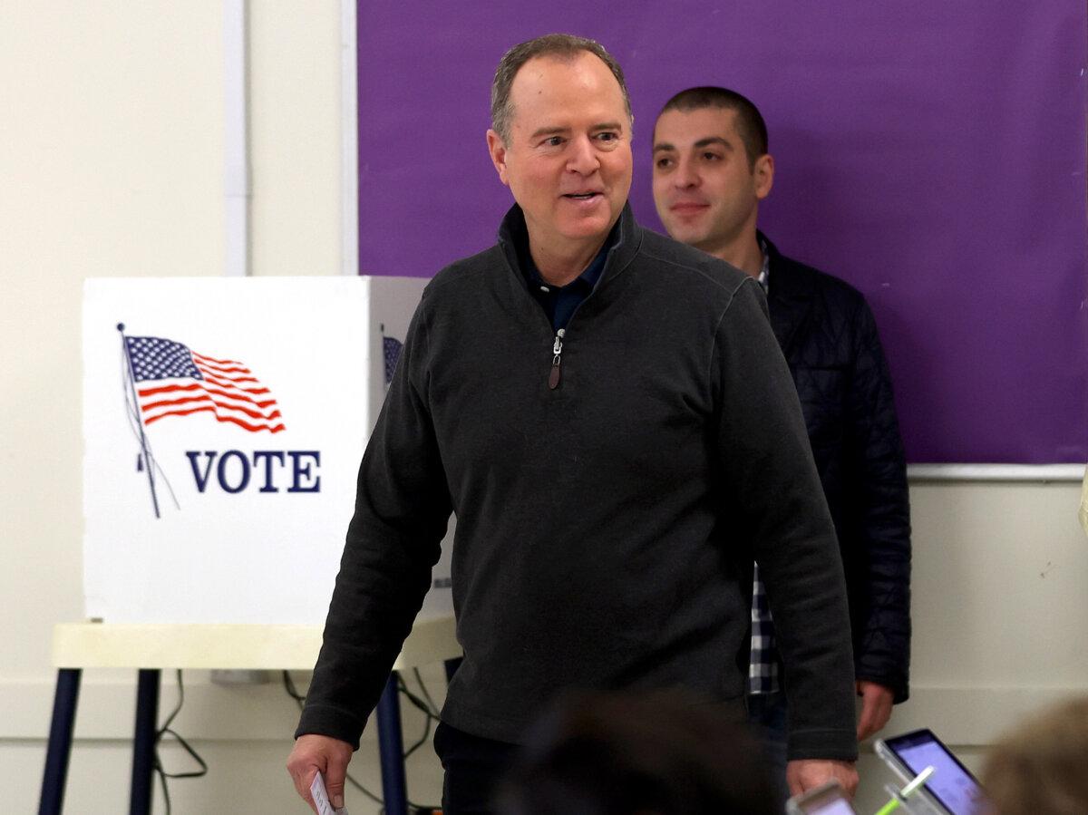 Democratic Senate candidate U.S. Rep. Adam Schiff (D-Calif.) arrives at a polling station to vote in Burbank, Calif., on March 5, 2024. (Justin Sullivan/Getty Images)