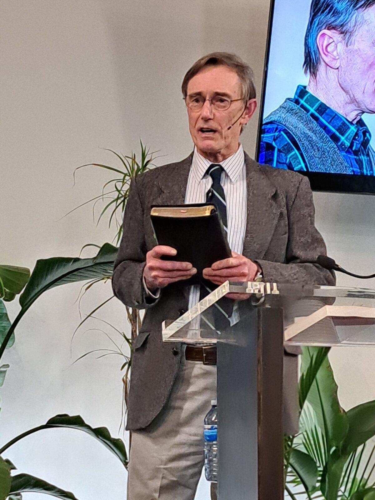 Dr. Charles Hoffe speaks at the White Rock Seventh-Day Adventist Church in White Rock, B.C., on March 2, 2024. (Jeff Sandes/The Epoch Times)