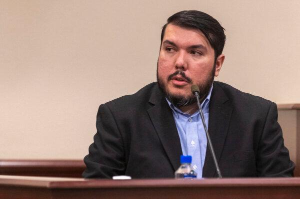 Lorenzo Montoya, compliance officer with OSHA, testifies during "Rust" movie armorer Hannah Gutierrez-Reed's involuntary manslaughter trial, at the First Judicial District Courthouse in Santa Fe, N.M., on March 5, 2024. (Luis Sánchez Saturno/Pool/Santa Fe New Mexican via AP)