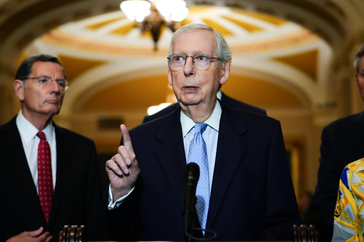 Sen. Mitch McConnell (R-Ky.) speaks to reporters in Washington on Oct. 4, 2023. (Madalina Vasiliu/The Epoch Times)