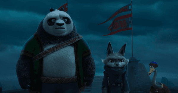 (L–R) Po’s panda dad Li (voiced by Bryan Cranston), the fox Zhen (voiced by Awkwafina), and Po’s goose dad Mr. Ping (James Hong), in "Kung Fu Panda 4." (DreamWorks Animation)