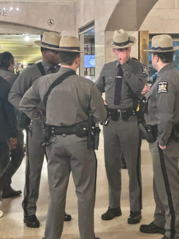 State police patrol Grand Central Station in New York City on March 6, 2024. (Juliette Fairley/The Epoch Times)