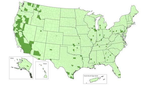 Air monitoring data in 2020-2022 identified that dark green counties on the map exceeded the annual PM2.5 air standard of 9 ug/m3. (U.S. EPA)