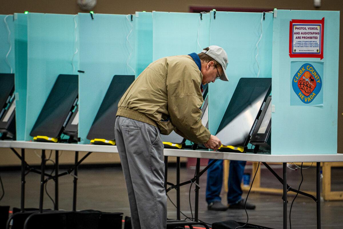 A person votes in the primary election at the Desert Breeze Community Center in Spring Valley, Nev., on Feb. 6, 2024. (Madalina Vasiliu/The Epoch Times)