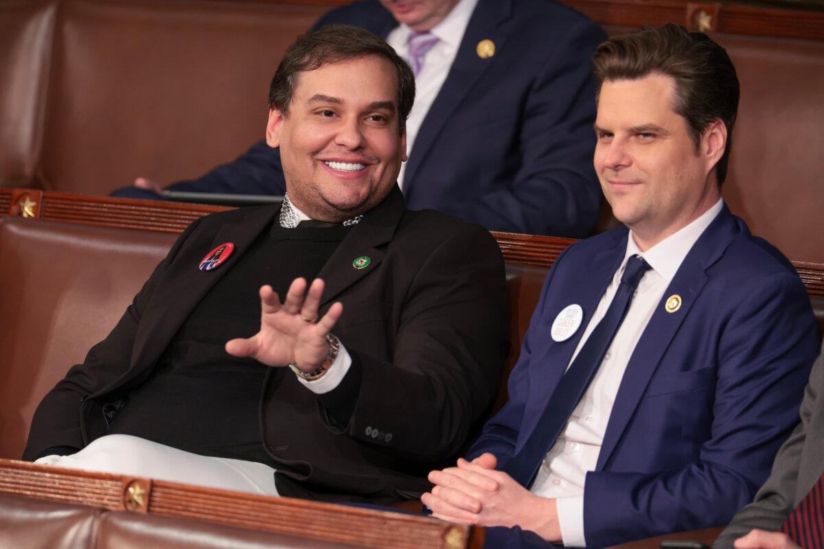 Former Rep. George Santos (R-N.Y.) (L) sits with Rep. Matt Gaetz (R-Fla.) at President Joe Biden's State of the Union address during a joint meeting of Congress in the House chamber at the U.S. Capitol on March 07, 2024. (Win McNamee/Getty Images)