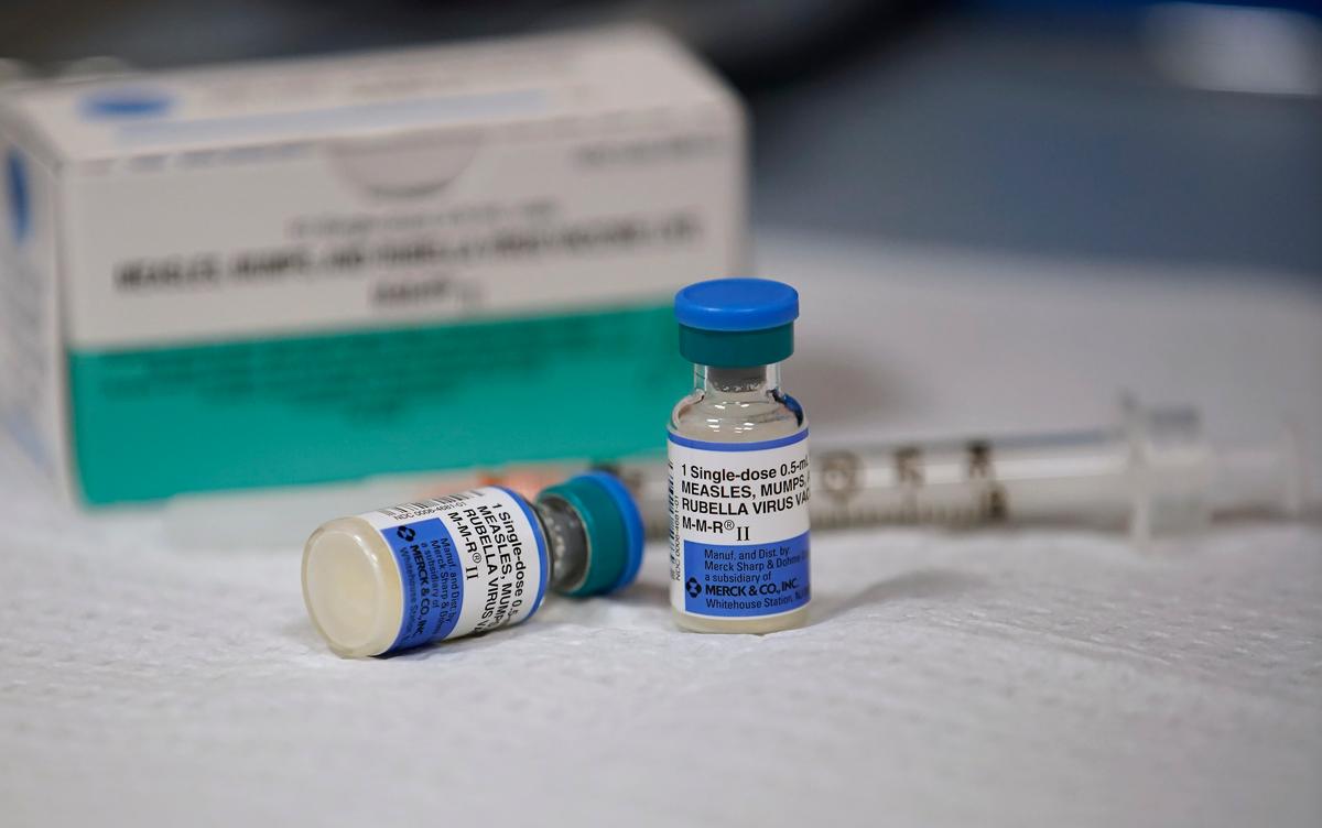 A 10-pack and one-dose bottles of measles, mumps, and rubella virus vaccine, made by Merck, sits on a counter at the Salt Lake County Health Department in Utah on April 26, 2019. (George Frey/Getty Images)