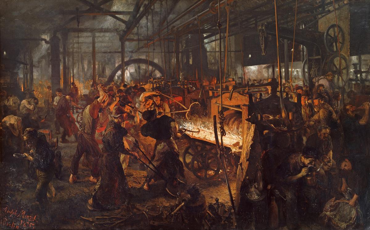 Dystopian literature began with the Industrial Age. “The Iron Rolling Mill (Modern Cyclopes),” 1875, by Adolph Menzel. Old National Gallery, Berlin. (Public Domain)