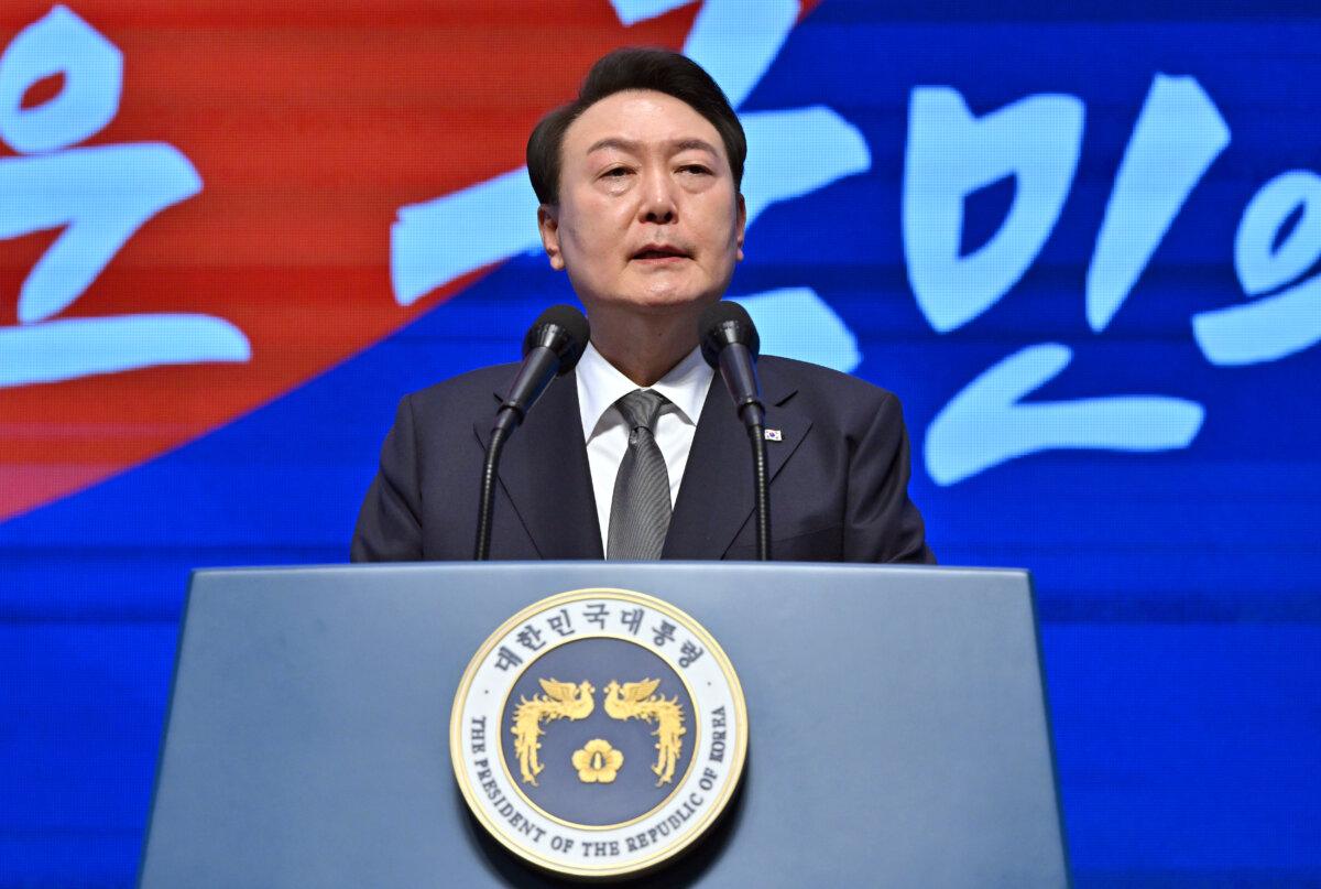 South Korean President Yoon Suk-yeol speaks during the 104th Independence Movement Day ceremony in Seoul, on March 1, 2023. (Jung Yeon-Je - Pool/Getty Images)