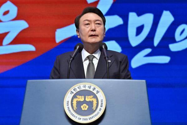 South Korean President Yoon Suk-yeol speaks during the 104th Independence Movement Day ceremony in Seoul on March 1, 2023. (Jung Yeon-Jel/Getty Images)