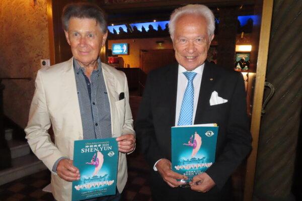 David Flint (R) and David Rowlings (L) attend Shen Yun Performing Arts at Capitol Theatre in Sydney, Australia, on March 8, 2024. (Rebecca Zhu/The Epoch Times)
