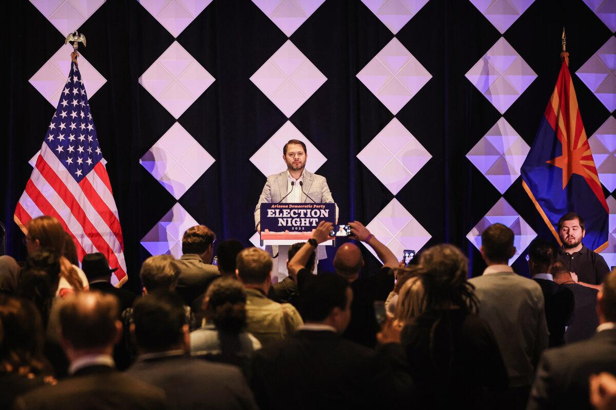 Rep. Ruben Gallego (D-Ariz.) holds a press conference outside of Silicon Valley Bank's regional office in Tempe, Ariz., on March 14, 2023. (Rebecca Noble/AFP via Getty Images)