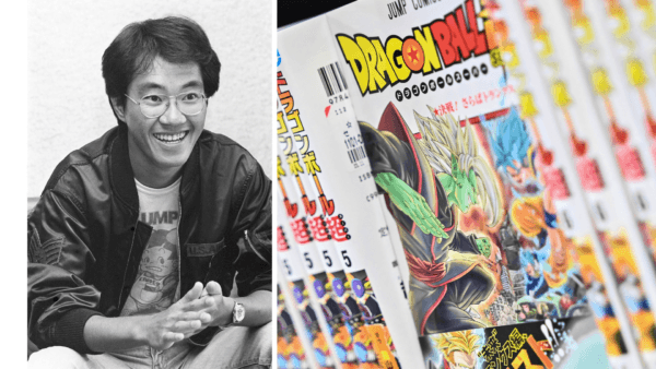 (L) A photo of Japanese manga artist Akira Toriyama taken in May 1982. (R) Books from the popular "Dragon Ball" manga series on a shelf in a store in downtown Tokyo on March 8, 2024. (STR/JIJI Press/AFP via Getty Images; Richard Brooks/AFP via Getty Images)