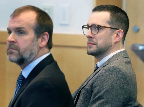 Ryan Koss, (R), and his lawyer Ian Carleton listen to Gill Williams, son of the late actor Treat Williams, talk in court in Bennington, Vt., on March 8, 2024. (Michael Albans/The Banner via AP)