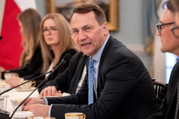 Polish Foreign Minister Radoslaw Sikorski speaks at a meeting in Washington on Feb. 26, 2024. (Jacquelyn Martin/AP Photo)