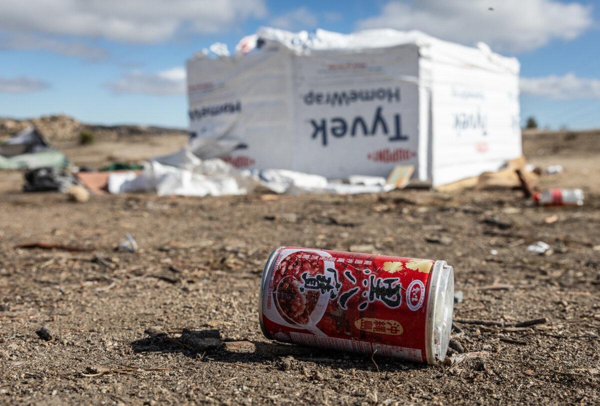 Chinese trash sits in a migrant encampment in Jacoumba, Calif., on Jan. 10, 2024. (John Fredricks/The Epoch Times)
