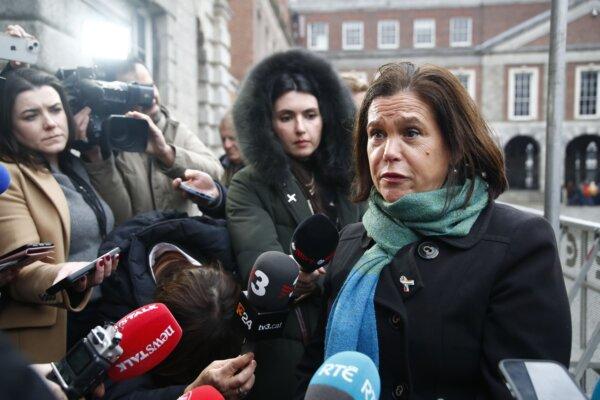 Sinn Fein President Mary Lou McDonald speaking to the media at Dublin Castle as counting for the twin referenda to change the Constitution on family and care continues, in Dublin, on March 9, 2024. (Damien Storan/PA Wire)