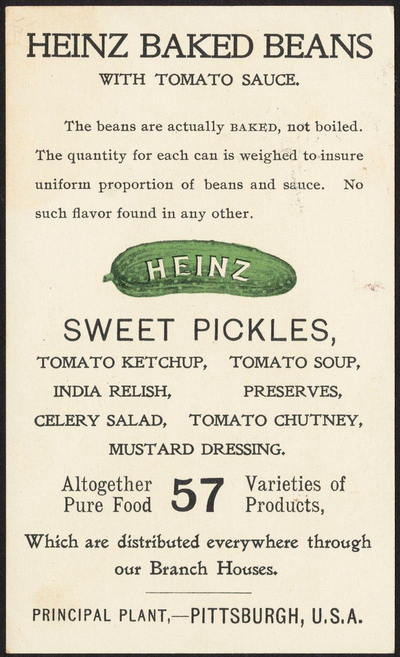 Heinz trade card from the 19th century, promoting various products and featuring the Heinz pickle. (Public Domain)