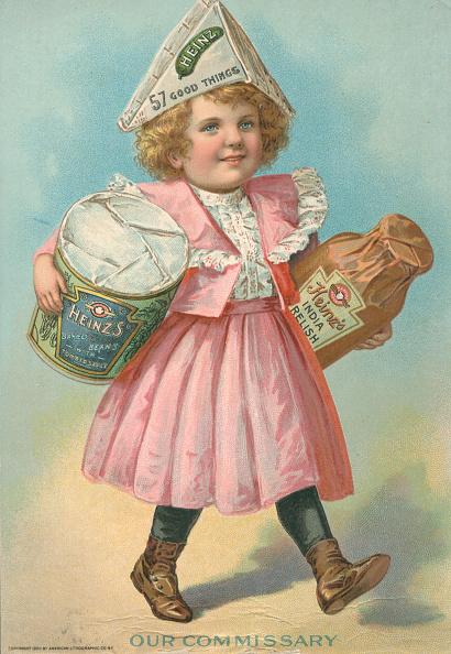 Engraved color postcard for Heinz food products, depicting a little girl carrying huge packets of Heinz food, circa 1900. (Archive Photos/Getty Images)
