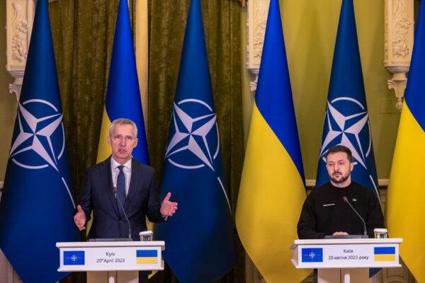 Secretary General of NATO Jens Stoltenberg (L) gestures next to Ukrainian President Volodymyr Zelenskyy during their joint press conference in Kyiv, Ukraine, on April 20, 2023. (Roman Pilipey/Getty Images)
