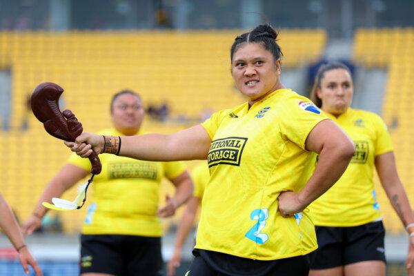 Leilani Perese of the Hurricanes Poua leads a haka during the round two Super Rugby Aupiki match between Hurricanes Poua and Matatu at Sky Stadium in Wellington, New Zealand, on March 9, 2024. (Hagen Hopkins/Getty Images)