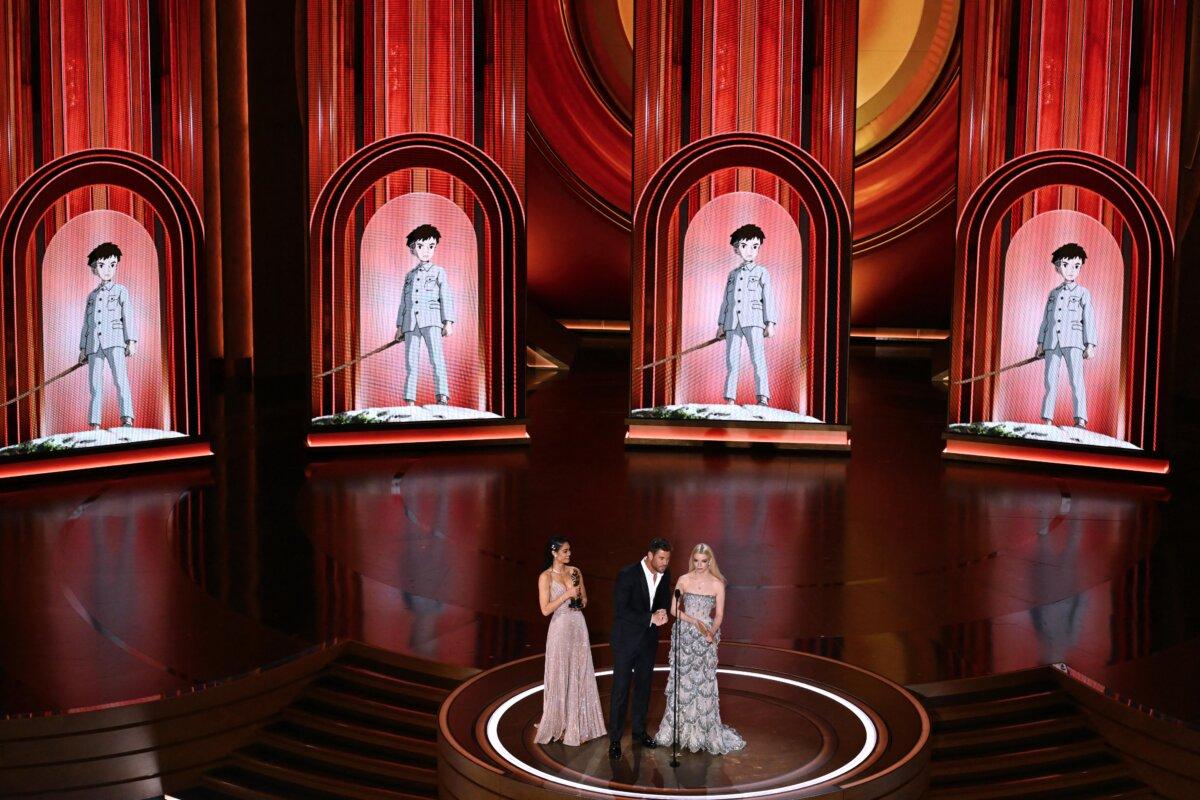 Presenters announce the award for Best Animated Feature Film for "The Boy and the Heron" during the 96th Annual Academy Awards at the Dolby Theatre in Hollywood, Calif., on March 10, 2024. (Patrick T. Fallon/AFP via Getty Images)