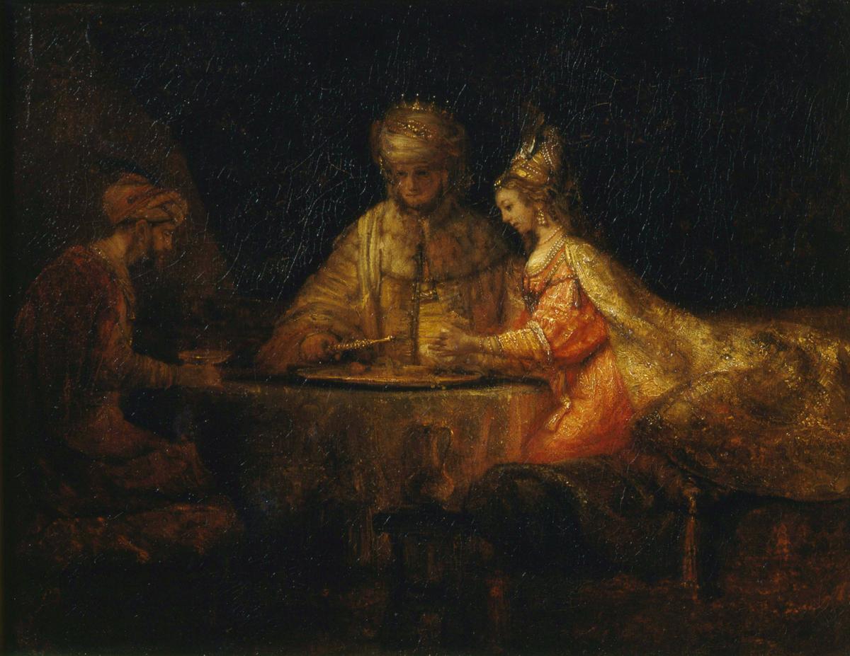 "Ahasuerus, Haman, and Esther," 1660, by Rembrandt. Oil on canvas; 28 7/10 inches by 37 inches.<br/>Pushkin Museum of Fine Arts, Russia. (Public Domain)