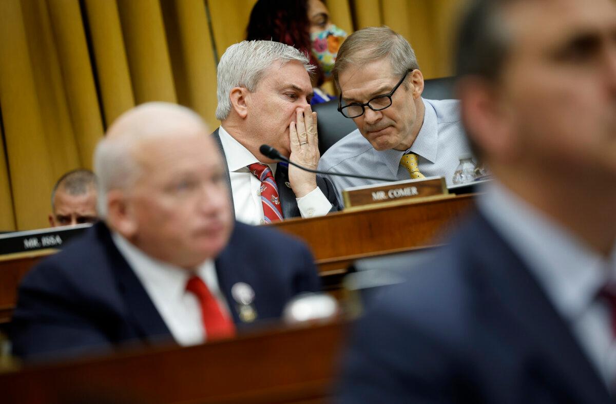 Rep. James Comer (R-Ky.) (L) talks to Chairman of the House Judiciary Committee Chairman Rep. Jim Jordan (R-Ohio) as former Special Counsel Robert K. Hur testifies before the House Judiciary Committee in Washington on March 12, 2024. (Chip Somodevilla/Getty Images)