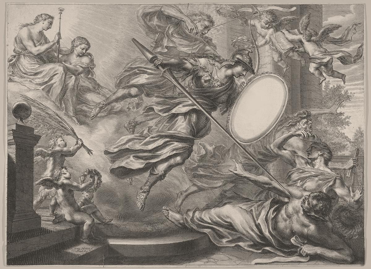 A print of Athena (Minerva) armed with a shield and lance, 17th century, by Grégoire Huret. The Metropolitan Museum of Art, New York City. (Public Domain)