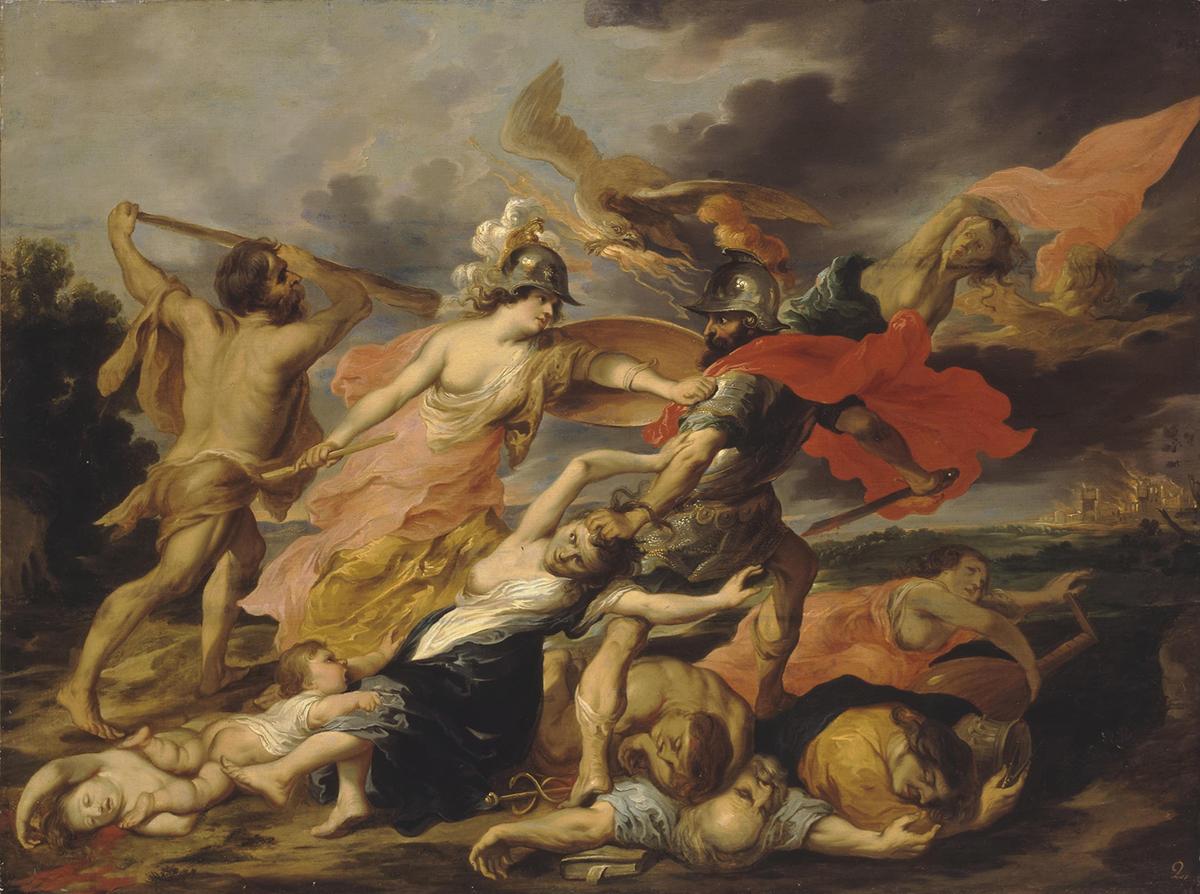 Heracles and Athena expelling Ares in "Allegory of War," between 1630 and 1640, by Victor Wolfvoet. Oil on canvas. Hermitage Museum, Saint Petersburg. (Public Domain)
