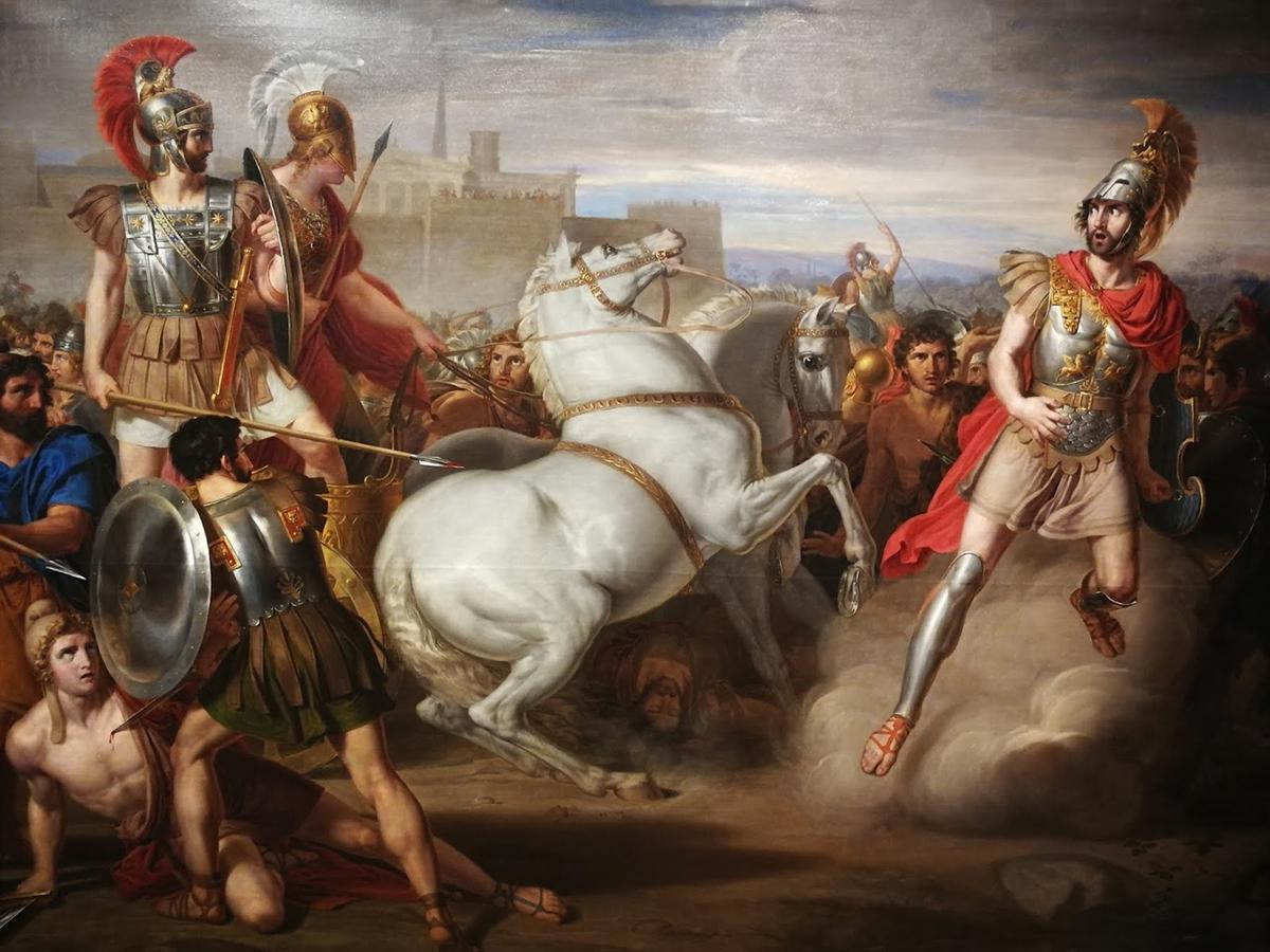 Diomedes, assisted by Minerva (Athena), wounds Mars (Ares)," 1831, by Rafael Tejeo. Oil on canvas. Museum of Fine Arts, Murcia, Spain. (Public Domain)