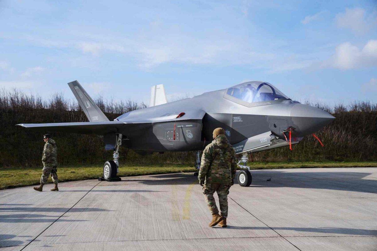 A U.S. F-35 fighter jet is pictured during an event of the U.S. Air Force visiting with five U.S. F-35 fighter jets at the Danish Airbase Fighter Wing Skrydstrup in Jutland, Denmark, on March 10, 2023. (Bo Amstrup/Ritzau Scanpix/AFP via Getty Images)