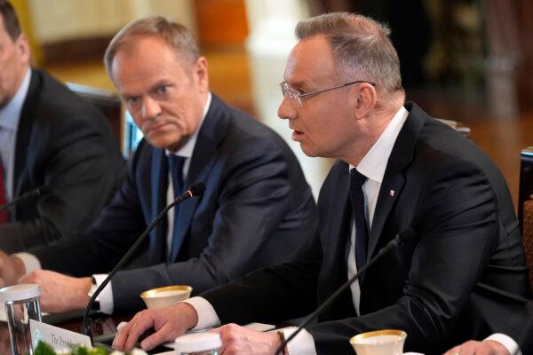 Polish President Andrzej Duda (R), and Polish Prime Minister Donald Tusk (L) in the East Room of the White House, on March 12, 2024. (Andrew Harnik/AP Photo)
