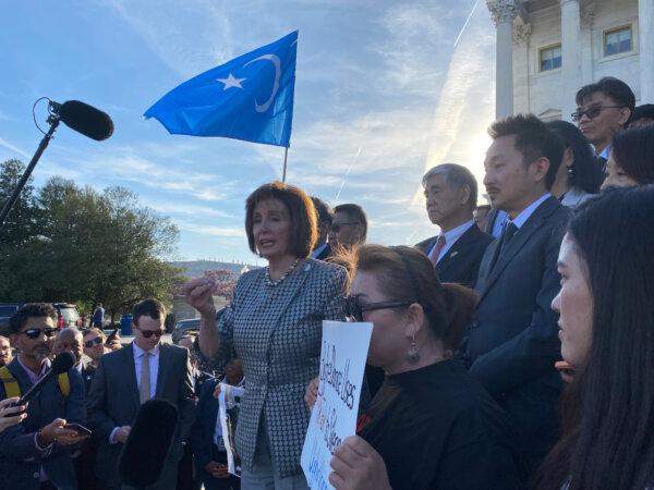 Speaker Emerita Nancy Pelosi (D-Calif.) speaks in favor of a TikTok divestment bill on the steps of the U.S. Capitol, on March 12, 2024. (Joseph Lord/The Epoch Times)