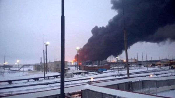 Smoke billows after Ukraine's SBU drone strikes a refinery, in Ryazan, Ryazan Region, Russia, in this screen grab from a video, on March 13, 2024. (Reuters)