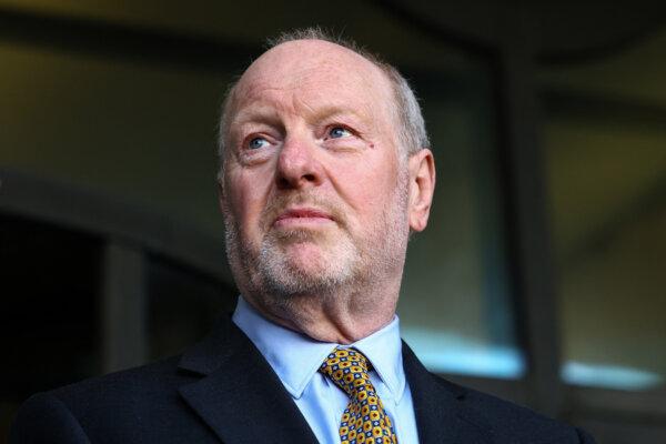 Former sub-postmaster Alan Bates leaves after attending a Business and Trade Select Committee hearing in at Portcullis House, where MPs are due to hear evidence in the Post Office Horizon IT scandal, in London, on Feb. 27, 2024. (Annabel Lee-Ellis/AFP via Getty Images)