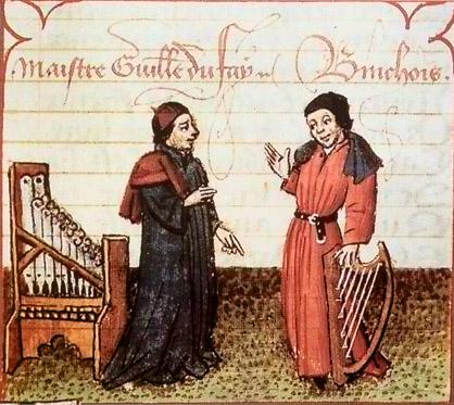 Binchois (right) holding a small harp and Guillaume Dufay (left) beside a portative organ in a circa 1440 illuminated manuscript copy of Martin le Franc's "Le Champion Des Dames." (Public Domain)