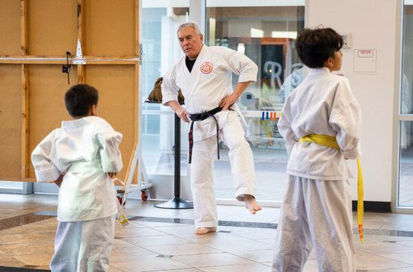 Volunteer karate instructor George Escalante teaches martial arts at the OC Rescue Mission campus in Tustin, Calif., on March 12, 2024. (John Fredricks/The Epoch Times)