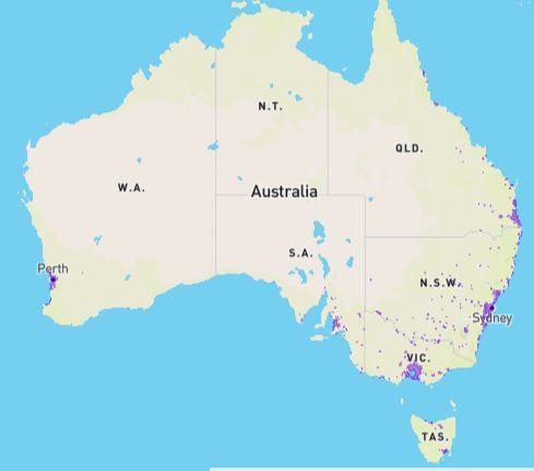 Coverage map for Telstra's 5G network. The telco claims to have the broadest coverage in Australia. (Courtesy of Telstra)