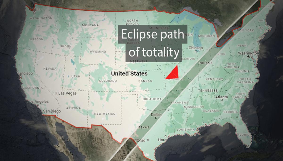 A map showing the solar eclipse's path of totality. (Screenshot/<a href="https://www.google.com/maps/place/United+States/@42.5494335,-104.3202928,4z/data=!4m6!3m5!1s0x54eab584e432360b:0x1c3bb99243deb742!8m2!3d37.09024!4d-95.712891!16zL20vMDljN3cw?entry=ttu">Google Maps</a>/<a href="https://www.google.com/maps/place/United+States/@42.5494335,-104.3202928,6558942m/data=!3m1!1e3!4m6!3m5!1s0x54eab584e432360b:0x1c3bb99243deb742!8m2!3d37.09024!4d-95.712891!16zL20vMDljN3cw?entry=ttu">TerraMetrics</a>/<a href="https://www.google.com/maps/place/United+States/@42.5494335,-104.3202928,4z/data=!4m6!3m5!1s0x54eab584e432360b:0x1c3bb99243deb742!8m2!3d37.09024!4d-95.712891!16zL20vMDljN3cw?entry=ttu">INEGI</a>)