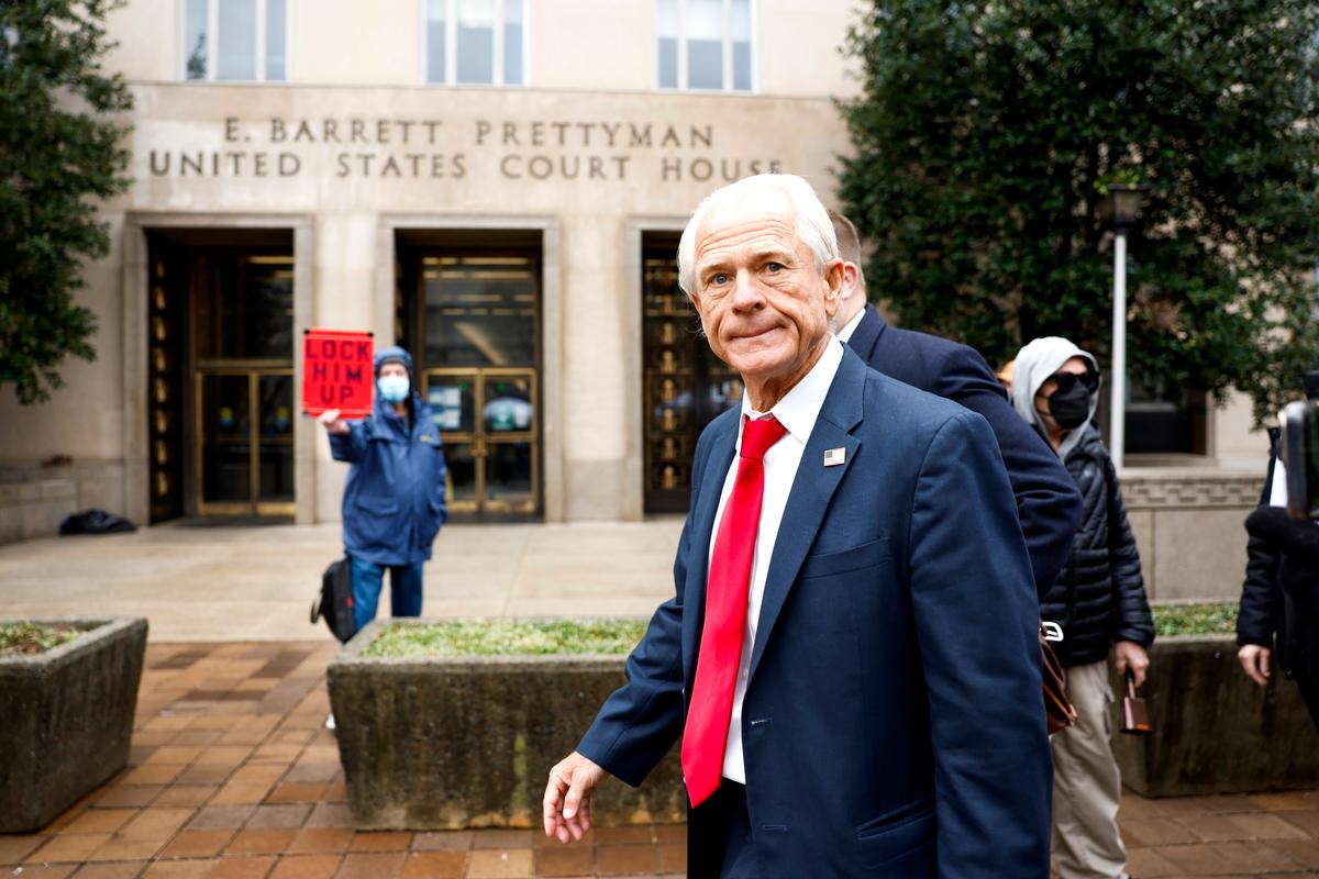 Peter Navarro, a former adviser to former President Donald Trump, departs the E. Barrett Prettyman Courthouse in Washington on Jan. 25, 2024. (Anna Moneymaker/Getty Images)