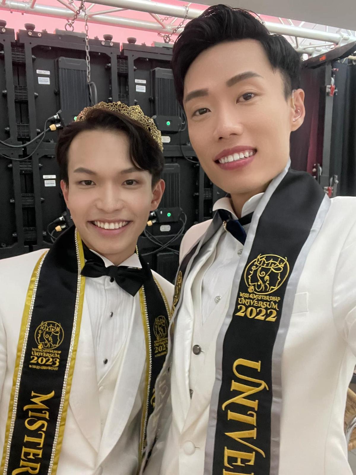 After Jason won the second runner-up in the 9th Mr. Deaf World Pageant, his deaf friend Marco (L) became the Mr. Photogenic and the winner of the 10th Mr. World Deaf Pageant. (Courtesy of Jason Wong)