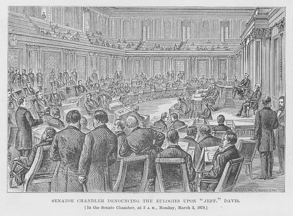 Illustration of Senator Zachariah Chandler denouncing the eulogies of Jefferson Davis in the U.S. Senate in 1879. (Kean Collection/Getty Images)