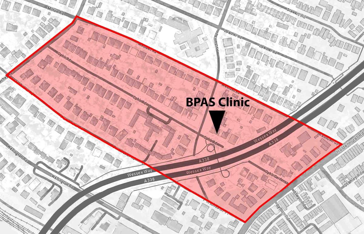 A map illustrating the "buffer zone" around the BPAS clinic in Bournemouth. (Screenshot/Google Maps)